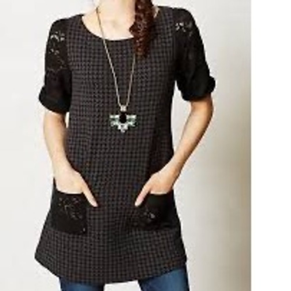 Anthropologie Pilcro Houndstooth Textured Dress with Lace Sleeves Size Medium